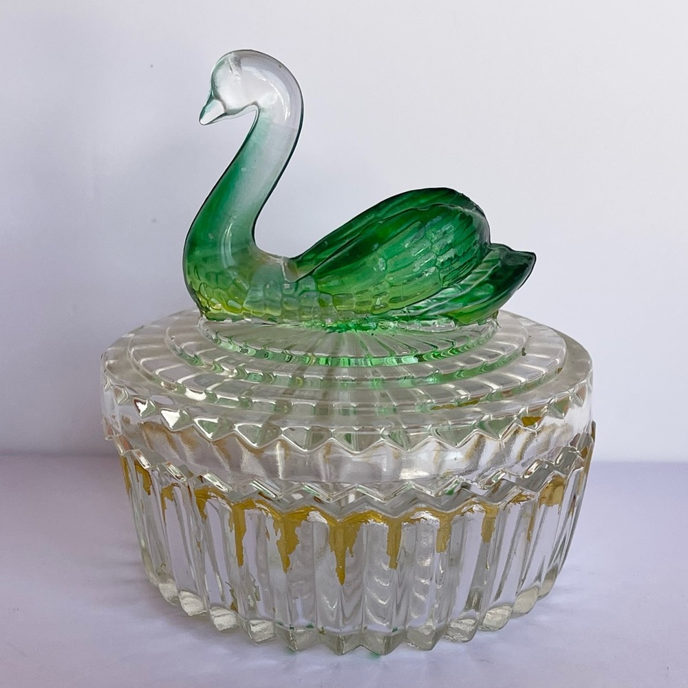 Green and Gold Swan Glass Art Sculpture
